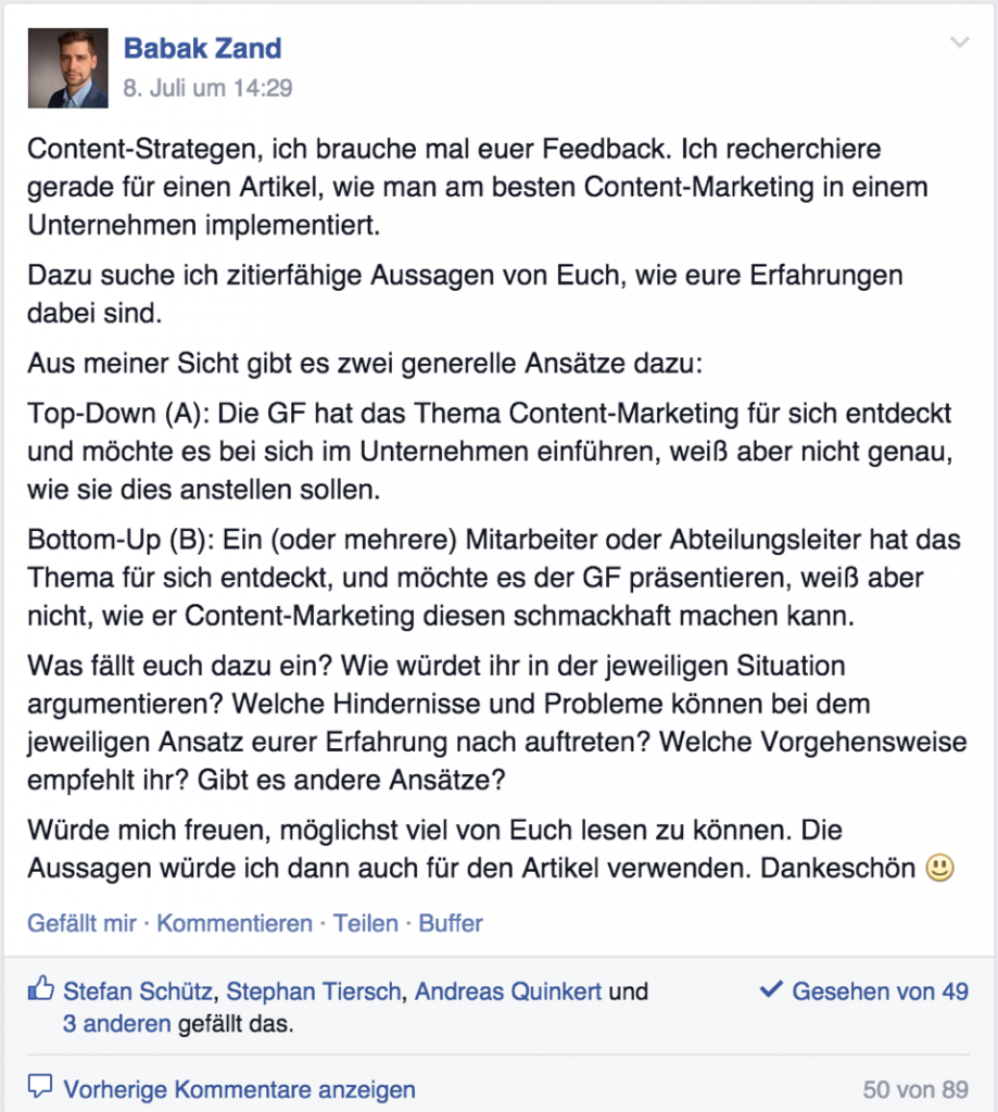 Facebook-Kommunikation: "Content Marketing in einem Unternehmen implementieren"