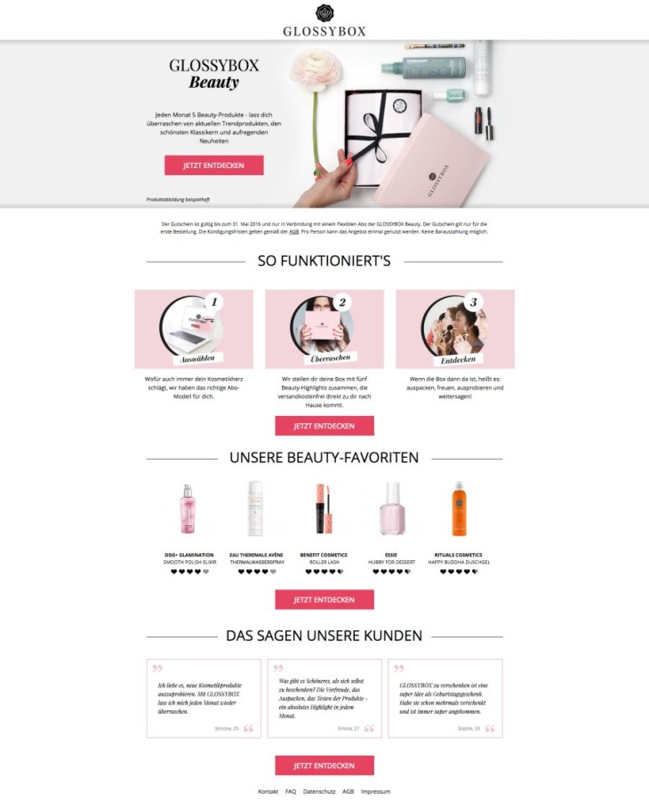 Beispiel Landingpage Glossybox