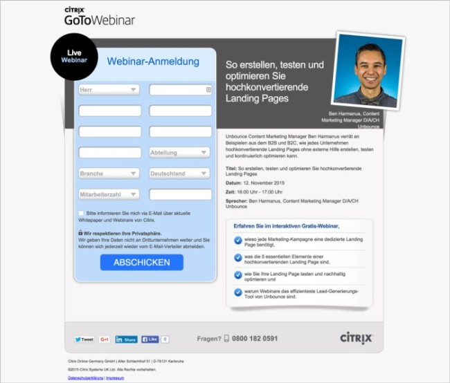 Webinar Landingpage Beispiel