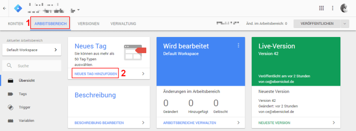 Google Tag Manager Arbeitsbereich