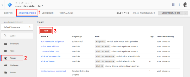 Google Tag Manager Arbeitsbereich Trigger
