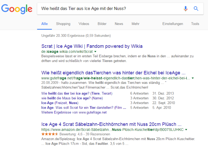 Beispielsuche Google für Ice Age Tier