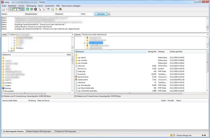 Screenshot FTP-Programm FileZilla