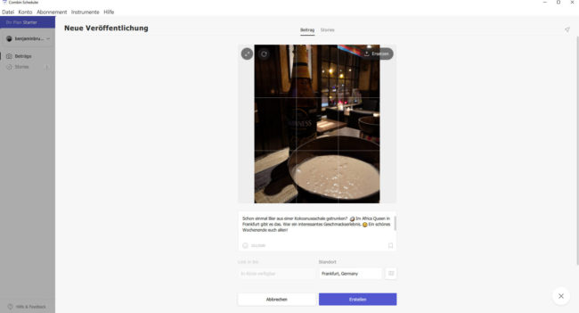 Screenshot: Combin Scheduler - Instagram-Beitrag planen