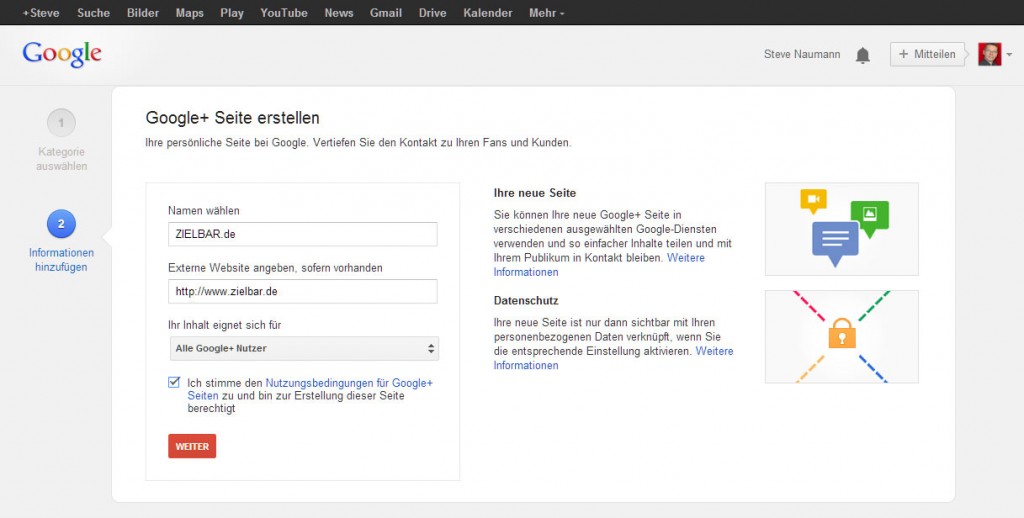 Der Google Plus Seite einen Namen geben und URL hinzufügen